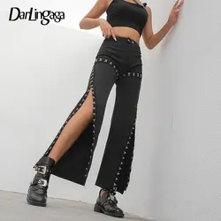 Darlingaga панк готический черный прямые брюки женские брюки с цепочками Лоскутная сторона с разрезом и высокой талией штаны Palazzo Club 2019 низ