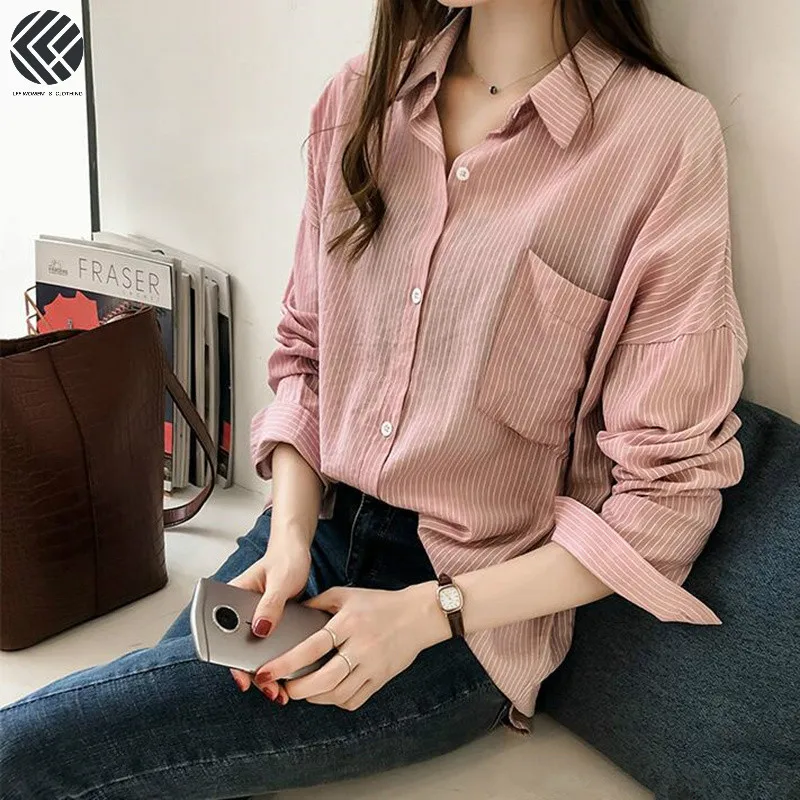 

2019 LFF Spring Women Fashion Korea Version Large Size BF Style Long Sleeve Turn Down Collar Striped Office Lady Chic Shirts