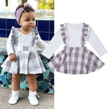 

Autumn 2Pcs Newborn Baby Girls Clothes Long Sleeve White Romper Plaids Overall Skirt Suspenders Dress Outfits