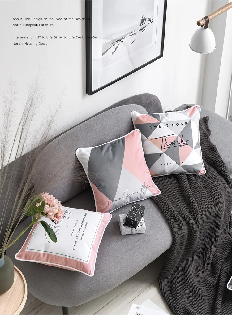 Мягкая бархатная розовая наволочка для подушки в винтажном скандинавском стиле, Геометрическая серая декоративная наволочка для подушки 45x45 см