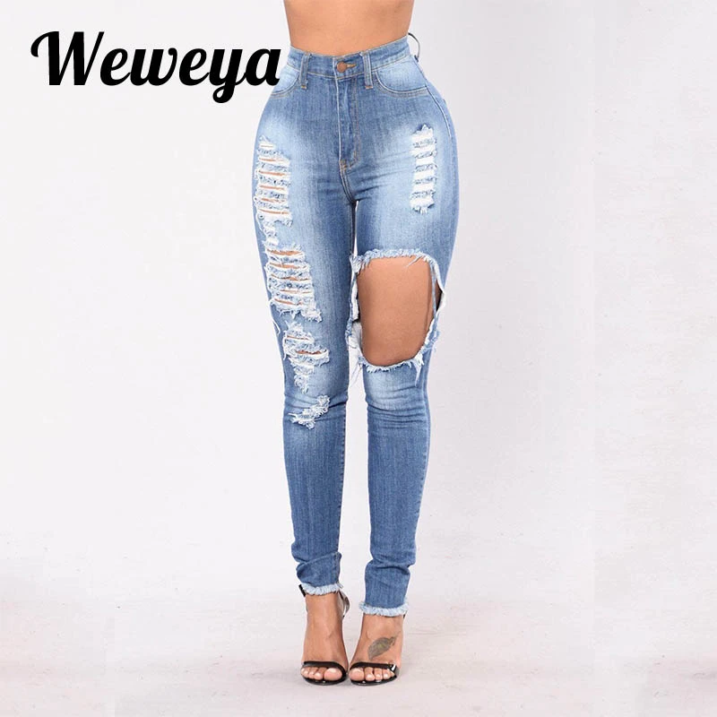 Weweya pantalones vaqueros 2018 de algodón para mujer, Jeans rasgados elásticos con lejía, ajustados informales, Top para mujer, novedad|Pantalones - AliExpress