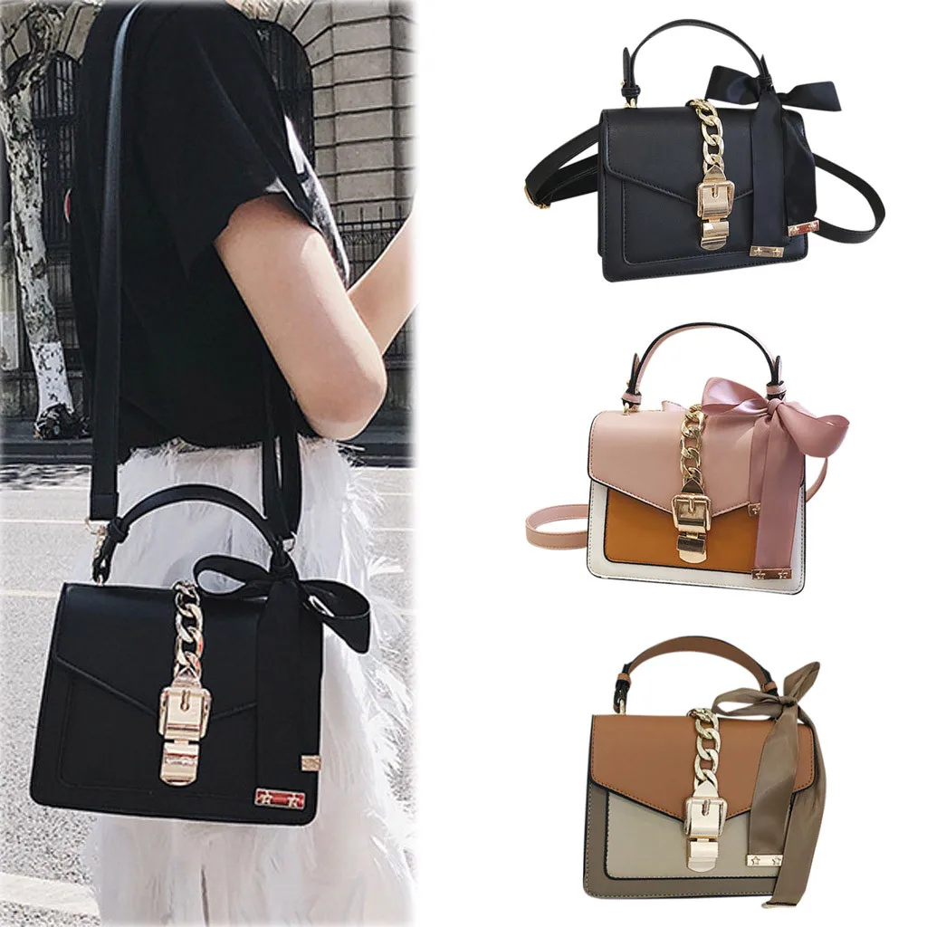 Hot Sale Woman Chain Bag Lace bow Contrast Color Chain Handbag Shoulder Bag Pu Leather Messenger Bag