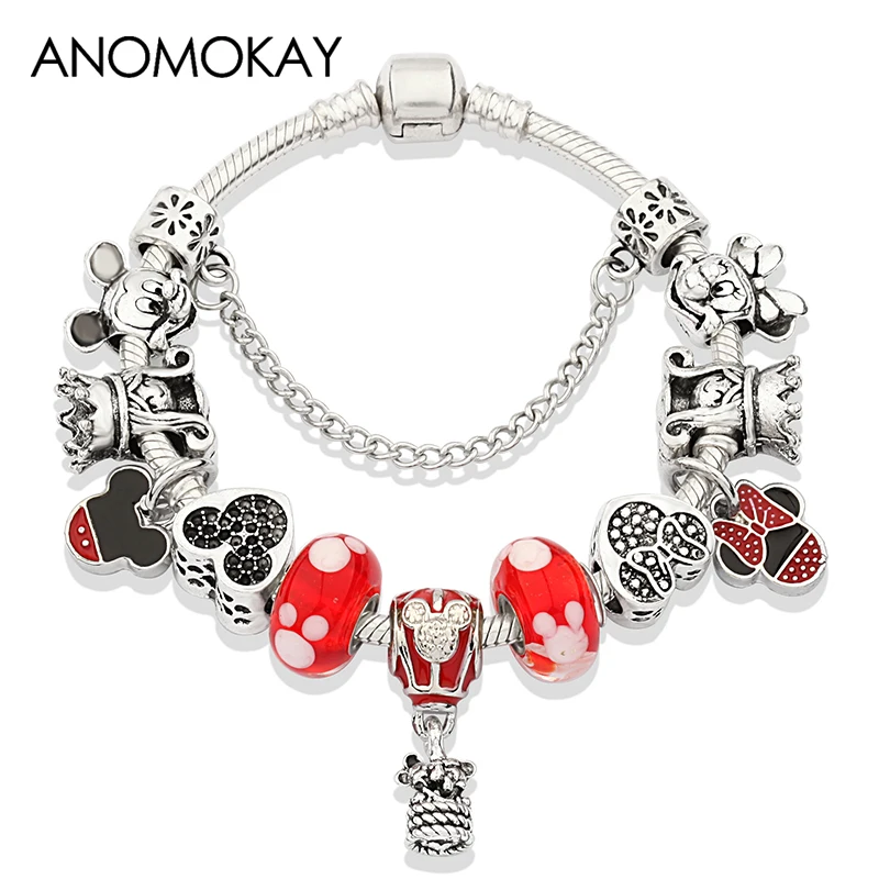 

Anomokay Mickey Minnie Enamel Charm Pan Bracelet Red Crystal Bead Bracelet for Women Girl Boy Gift Moda Mujer Pulsera 2019