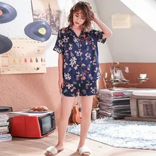 Новые шелковые пижамы, романтические пары шелковые пижамные комплекты с цветочным принтом для влюбленных пижамы с коротким рукавом, атласное ночное белье