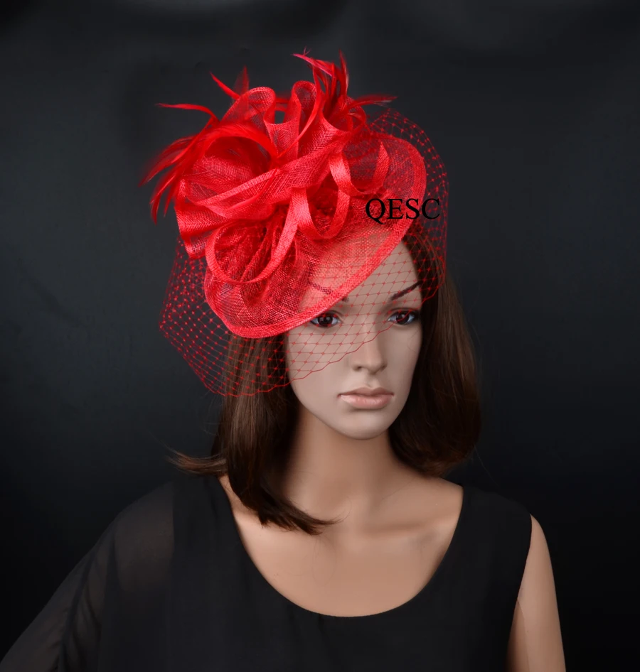 NEW Red sinamay fascinator with feathers&veiling for weddings,races