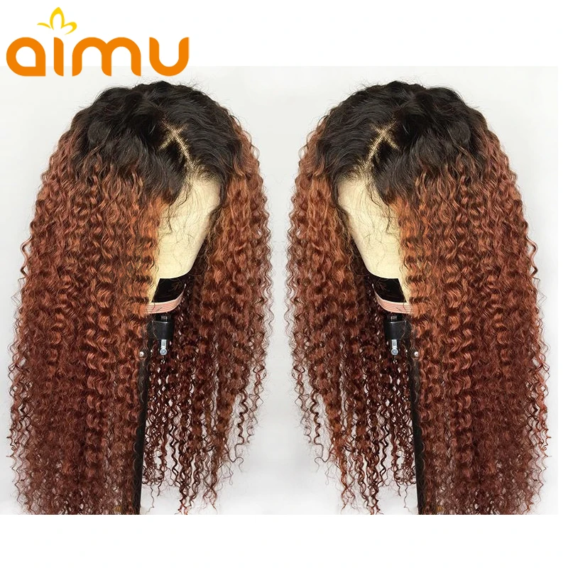 Ombre Color 1B/30 Ginger Caramel 360 Lace Frontal Deep Curly Real Long Human Hair Wig Remy Indian Invisible PrePlucked Aimu