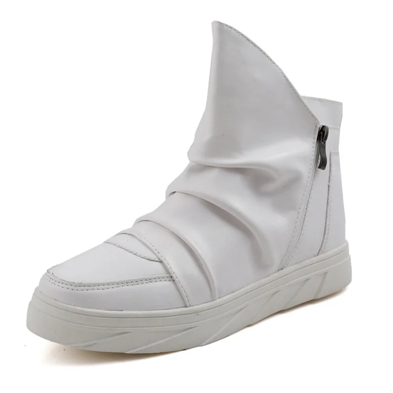 

Fashion Pleated Leather Mens Casual Shoes Spring Autumn New High Top Men Boots Ankle Mens Boots Zipper Casual Footwear white