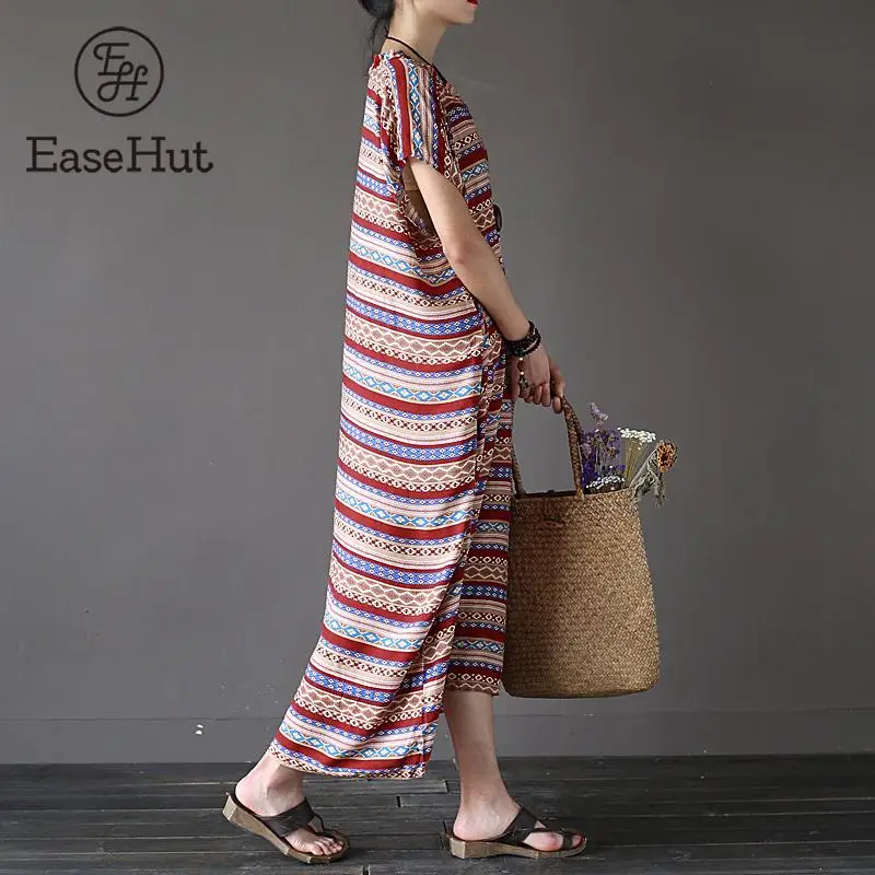 EaseHut размера плюс 5XL винтажное женское платье с этническим принтом, короткие рукава, v-образный вырез, модные ретро платья, женское платье, elbise vestido