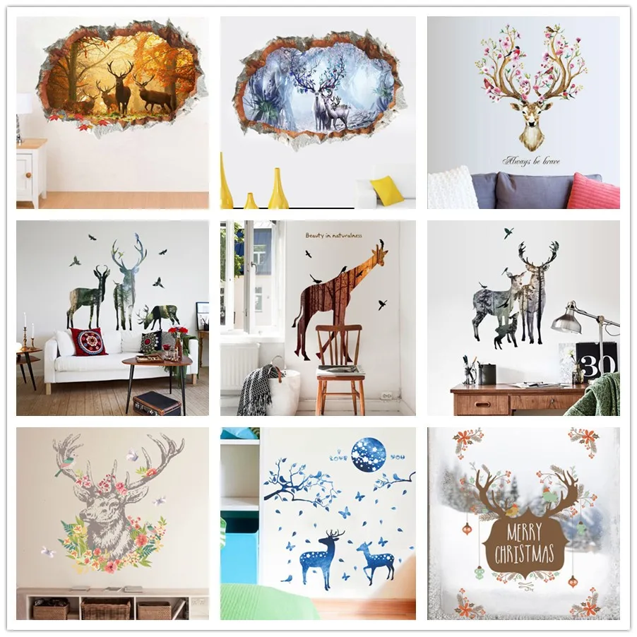 

% animal DIY Sika Deer Head Flowers butterfly Christmas Wall stickers Living Room Art Vinyl Wall Decals Kids Baby Home Decor
