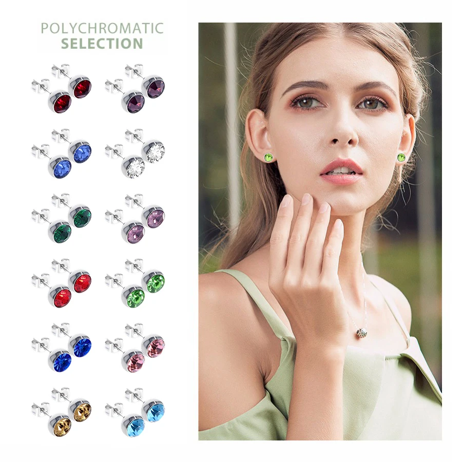 

1pair 6mm 8mm round Birthstone Ear Stud Piercing Gun Mixed Silver Push-Back Earrings Piercing Safe For Baby