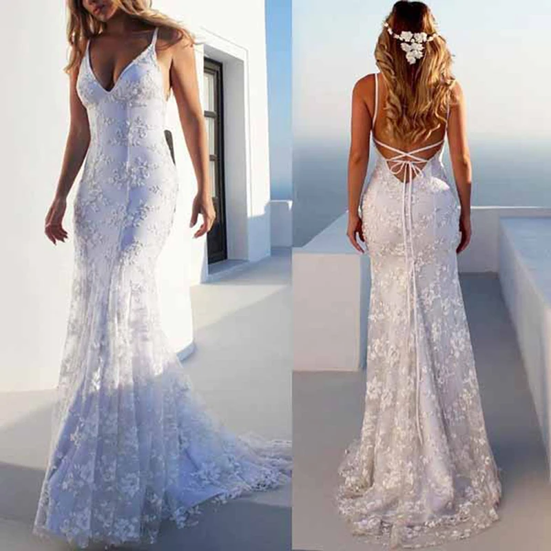 Sexy Deep V neck Sleeveless Backless Bandage Lace Maxi ...