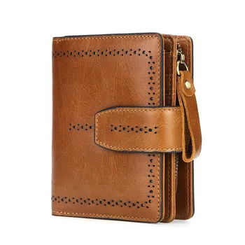 

Cow Leather Women Wallets with Coin Pocket Vintage Brand Female Purse RFID Ladies Short Zipper Bag Oil Wax Leather Card Package