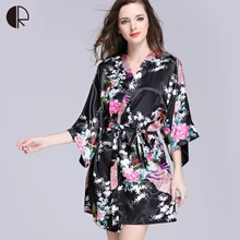 Летнее шелковое кимоно халат женский Атласный халат Longue Femme принт Павлин сексуальная пижама растут Большие размеры AP343