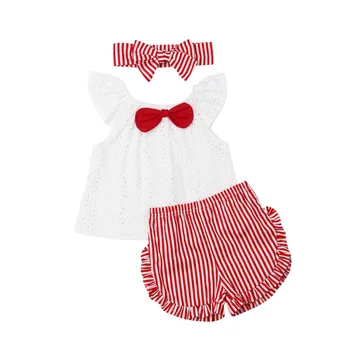 

0-24M Cute Newborn Baby Girl Fly Sleeve Lace Bow T-shirt Tops Striped Shorts Pant Bottom Headband 3PCS Summer Clothes