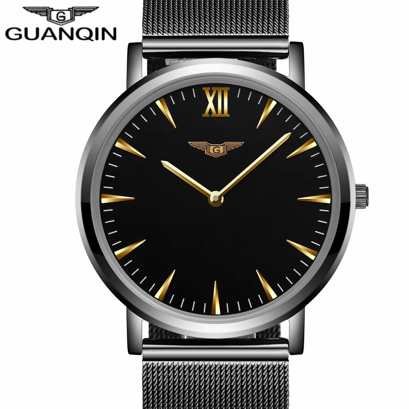 GUANQIN Mens Watches Top Brand Luxury Men Quartz Watch Mesh Band Stainless Steel Ultra Thin Clock Relogio Masculino 2016 julius mens watches top brand luxury stainless steel mesh band gold watch man business quartz watch male relogio masculino