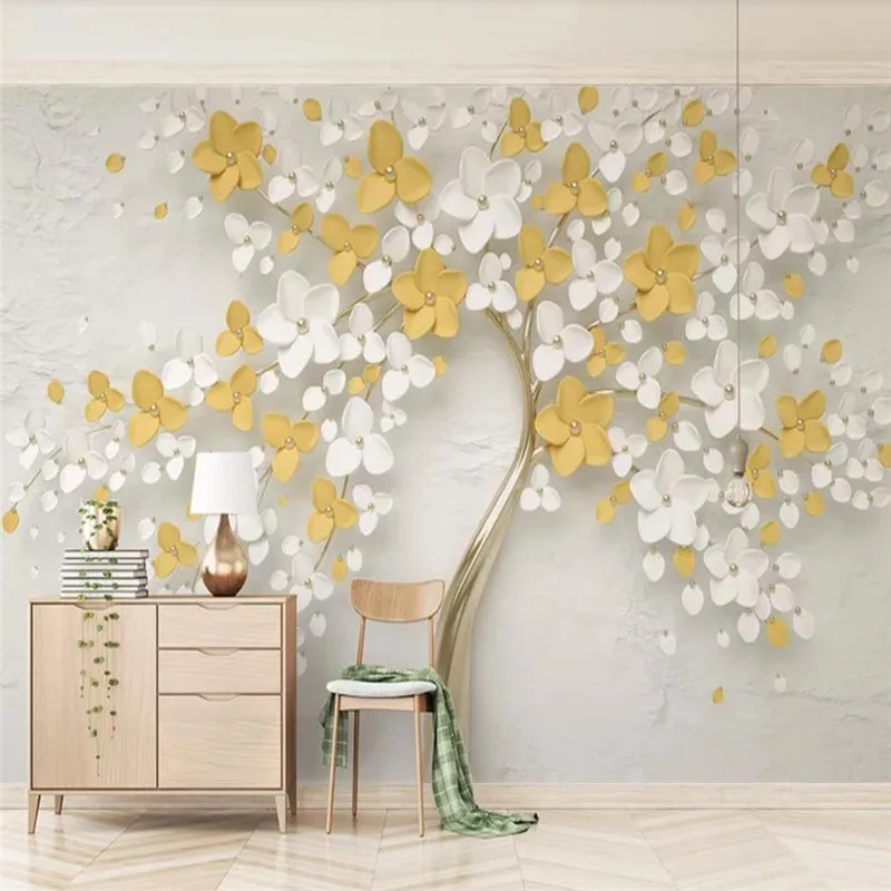 

New lemon yellow 3d embossed flower simple background wall custom photo wallpaper - wallpaper mural