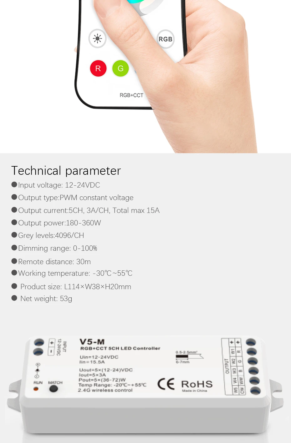 DC12-24V 5CH 15A 2,4G RF RGB+ CCT светодиодный регулятор температуры цвета для 5050 5630 RGB+ CCT светодиодные полосы света