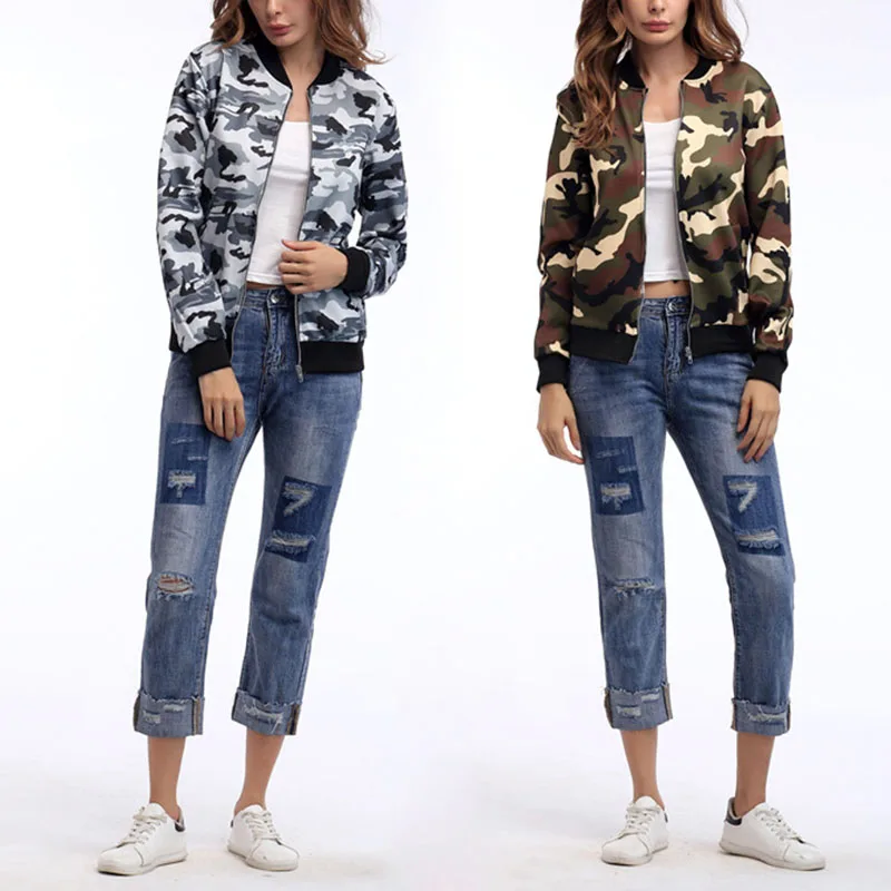 Womens Lady Long Sleeve Biker Camouflage Army Printed Bomber Jacket Coat Outwear