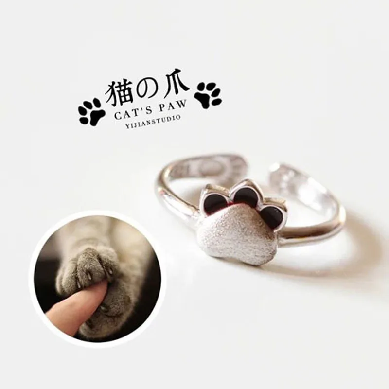 

AKOLION Top Quality Silver Cat's paw Adjustable Ring Designer Charm kitten Animal 925 Sterling Rings For Women Girl Gift