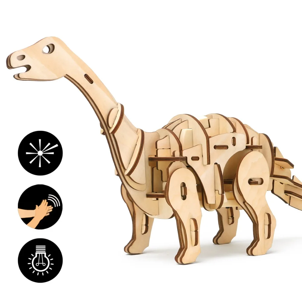 

Robud DIY Wooden Apatosaurus Remote Control Toys Dinosaur Toy action figure Control Walking Roaring Dinosaur Children Toys D420
