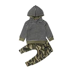 2 шт. для новорожденных одежда для малышей мальчиков и девочек с капюшоном осень-зима Комплекты одежды в полоску с капюшоном топы +