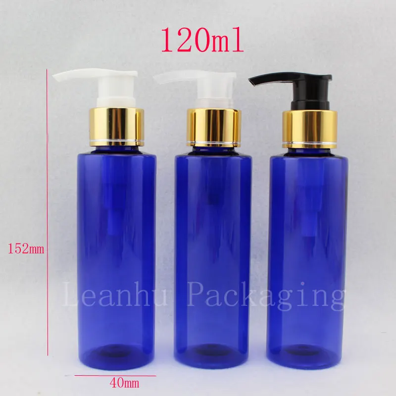 120ml x 40 empty blue shampoo pump cosmetic bottles with gold aluminum pump, 4oz metal collar