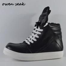 Owen Seak/Женская обувь; ботильоны с высоким берцем; роскошные кроссовки из натуральной кожи; повседневная обувь на плоской подошве со шнуровкой и молнией; Цвет черный, белый; большие размеры