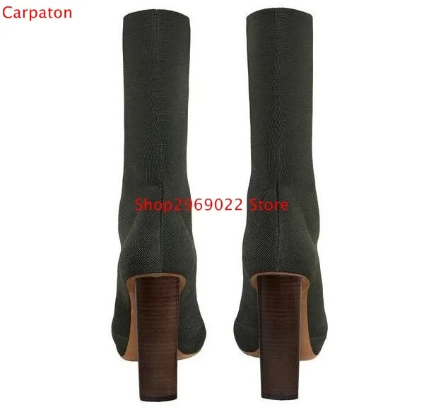Pas cher Tricot Cheville Bottes Armée Vert Stretch Bloc Talons Femme Court bottes Bout Pointu 11 CM Talons hauts Femme Bottes Grande Taille 10 dans Bottines