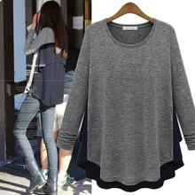 Женская Осенняя футболка с длинным рукавом больших размеров, одежда удлиненного фасона с круглым вырезом в стиле пэчворк, элегантная женская футболка