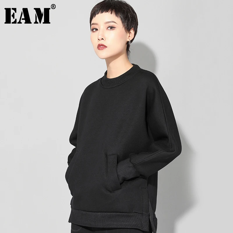 

[EAM] 2019 New Spring Summer Stand Collar Long Sleeve Black Pocket Split Joint Big Size Sweatshirt Women Fashion Tide JQ020