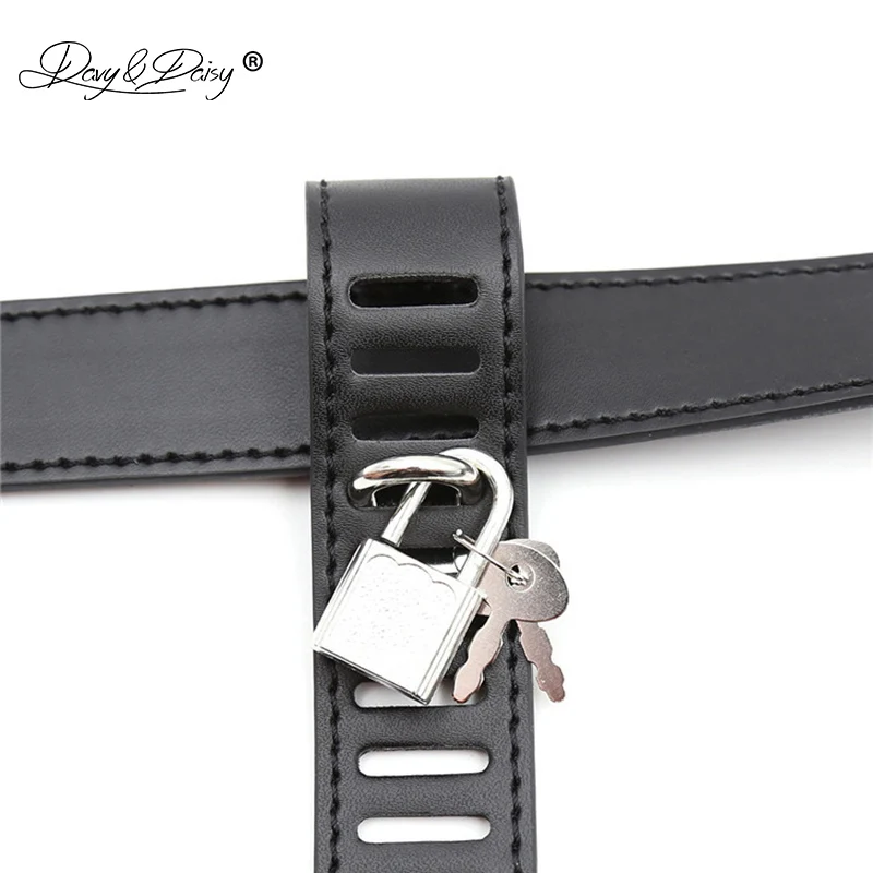 DAVYDAISY Men Chastity Belt Lock Cock Panties PU Leather Gay Fetish Thongs Sexy Lingerie Exotic Briefs Male Underwear UN533