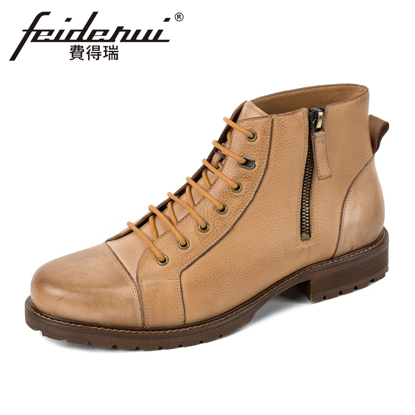 

High Quality Vintage Genuine Leather Men's Platform Outdoor Ankle Boots Round Toe Lace-up Handmade Cowboy Riding Man Shoes KUD75