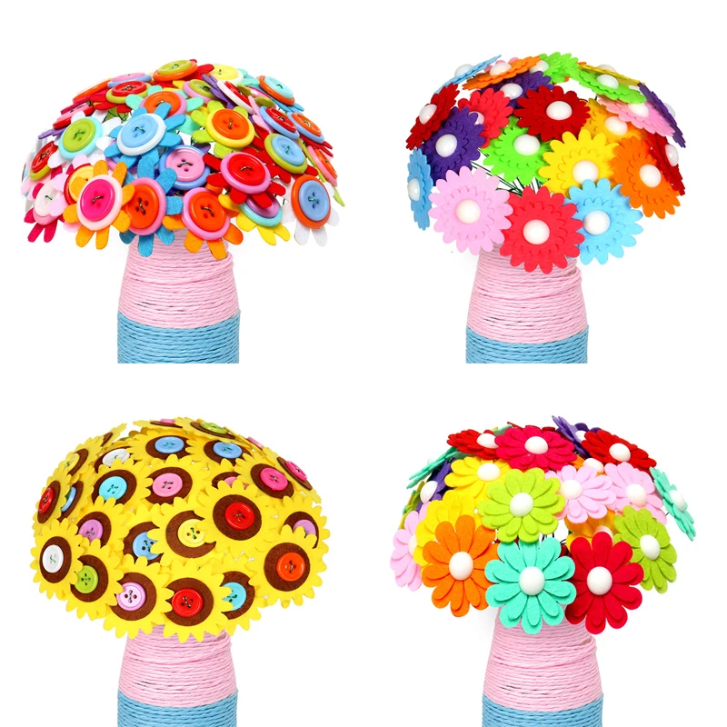 

Creative Button Design Bouquet Kids DIY Handcraft Flower Toy Educational Buttons Threading Handmade Flowers Bough-pot Toy Gift