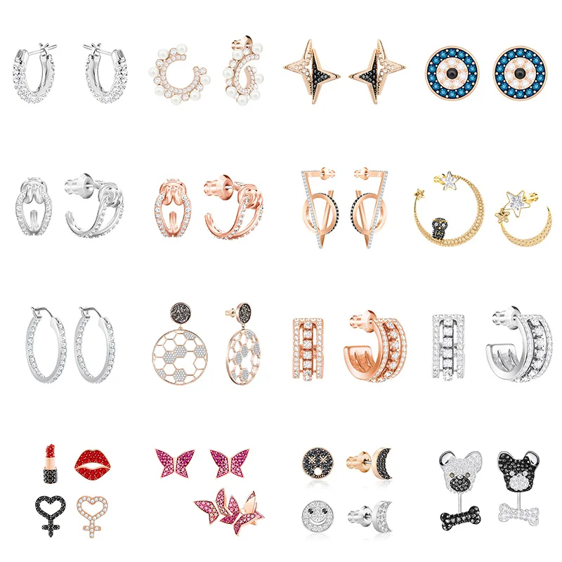 

925 Sterling Silver High Quality Swa Original 1:1 Ladies Moon Smiley Puppy Butterfly Sun Flower Pearl Crystal Earrings Jewelry
