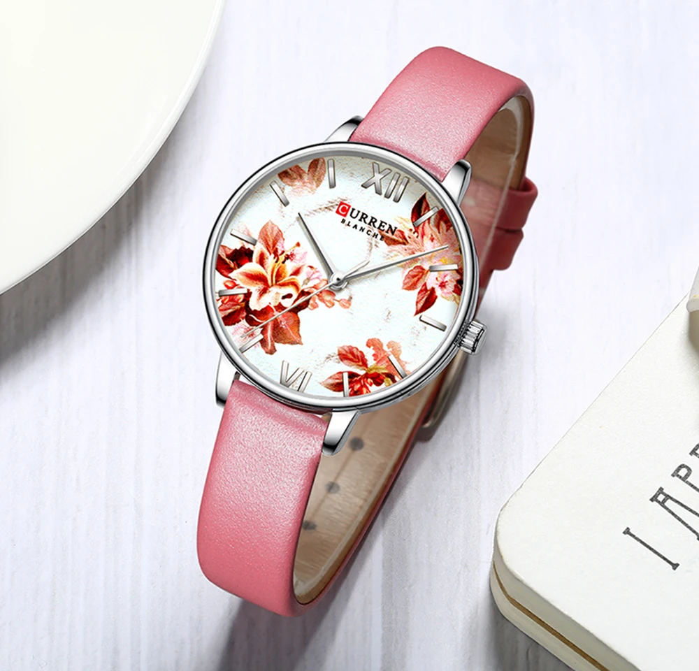 

Pink Quartz Women Fashion Watch Flower Lady Leather Watchband High Quality Casual Waterproof Wristwatches Gifts For Wife CURREN