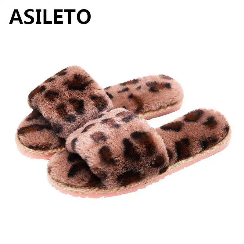 

ASILETO Women's House Slippers Leopard Plush Soft Slippers Indoor Flip flops warm Non-slip Open toe Furry Pink shoes Size 35-42