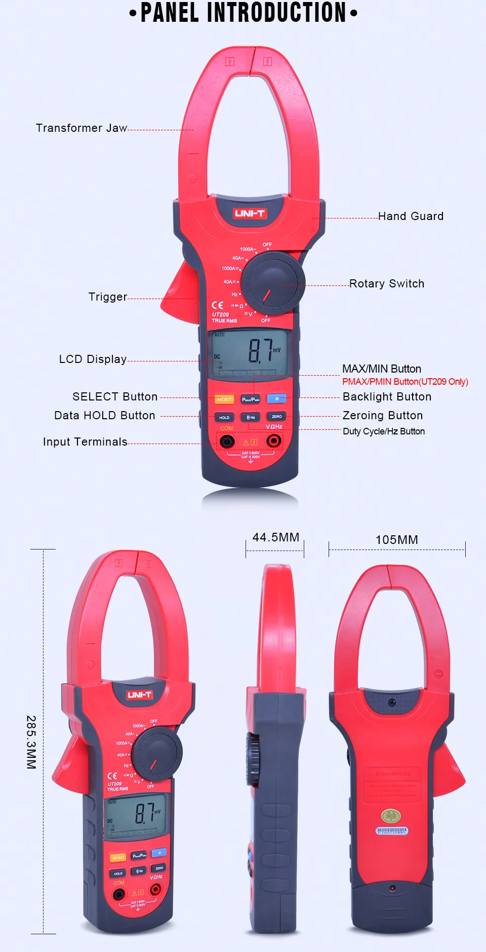 UNI-T UT207/UT208/UT209 промышленный цифровой клещи 1000A 600 в True RMS Автоматический диапазон клещи мультиметры Амперметр Вольтметр