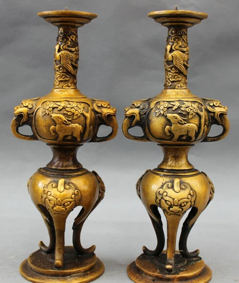 

JP S0114 9" Chinese Bronze Buddhism Kylin Lion Deer Crane Statue Candle Stick Holder Pair B0403