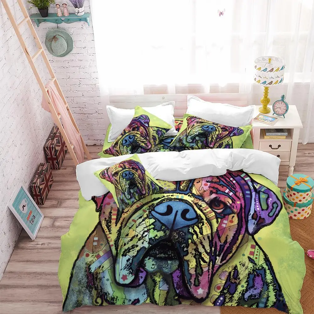 Cute Bulldog Bedding Set Colorful Graffiti Animal Duvet Cover Set