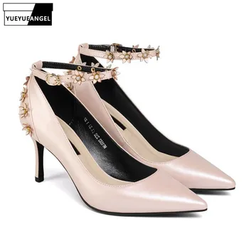 

2019 New Arrival Summer Women Shoes Genuine Leather Pointed Toe Female Shoes Fashion Floral Ankle Strap Thin High Heel Shoes