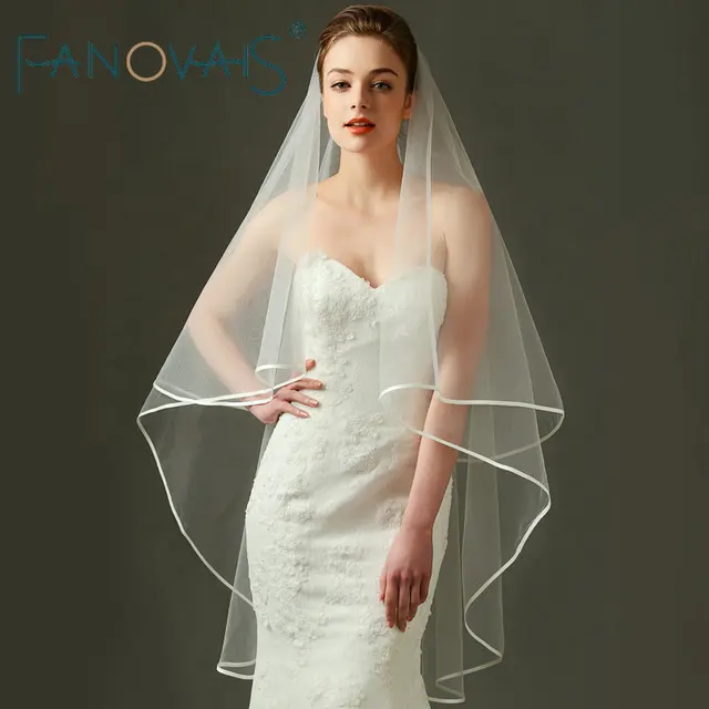 Elegant Simple Lace Bridal Veil With Ribbon Edge Cheap Wedding Veil