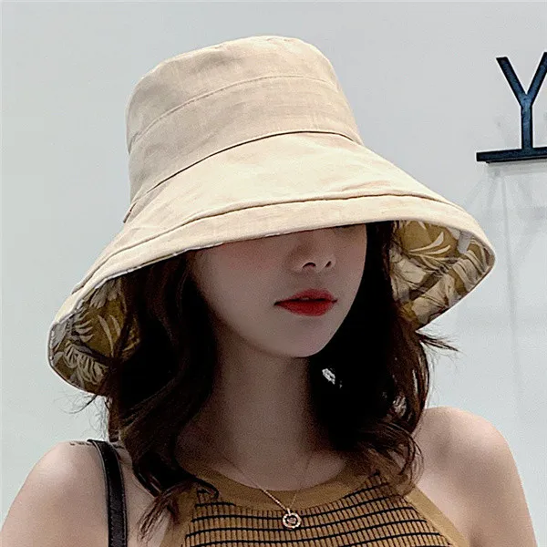 Летняя двухсторонняя Хлопковая женская шляпа от солнца с цветочным принтом, женская складная шляпа с большими широкими полями, пляжная шляпа с защитой от уф - Цвет: Хаки