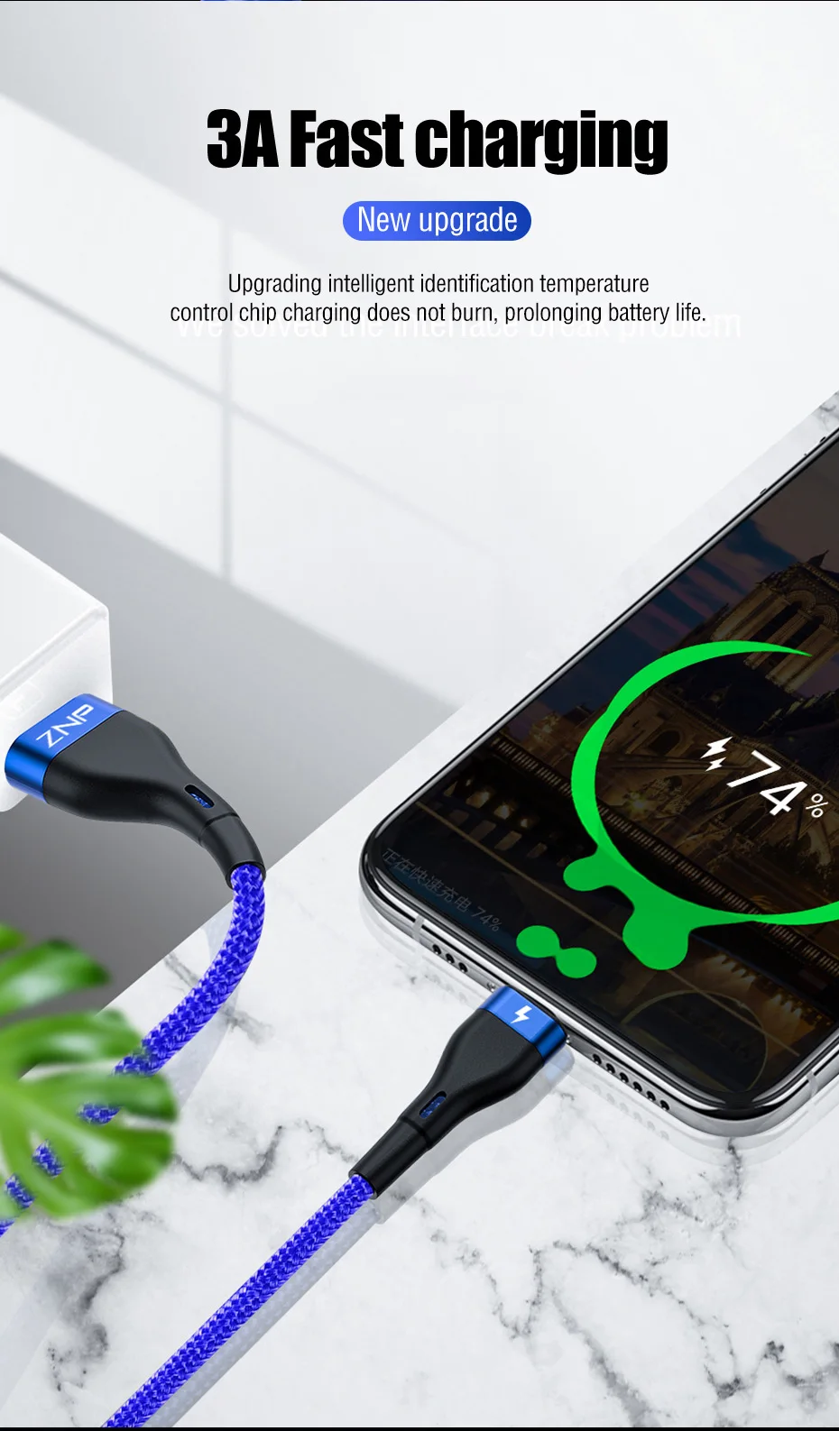 ZNP usb type-C кабель для Xiaomi Redmi Note 7 mi9 USB C кабель для samsung S10 провод для быстрого заряда USB-C шнур для зарядки мобильного телефона