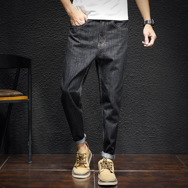 Tsingyi Autumn 4XL Moustache Effect Preppy Style Jeans Men Black Grey Denim Homme Long Length Casual Loose Jogger Mens Trousers 