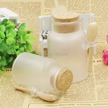 100g Empty Plastic Bottles Cork Stoppers Mask Bath Salt Bottle Women Cosmetic Makeup Containers Jar With Wooden Spoon S201733