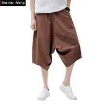 Мужские брюки из хлопка и льна, летние штаны со средней талией, свободные, для отдыха, хип-хоп, шаровары, одноцветные, на завязках, большие размеры, мужские повседневные штаны