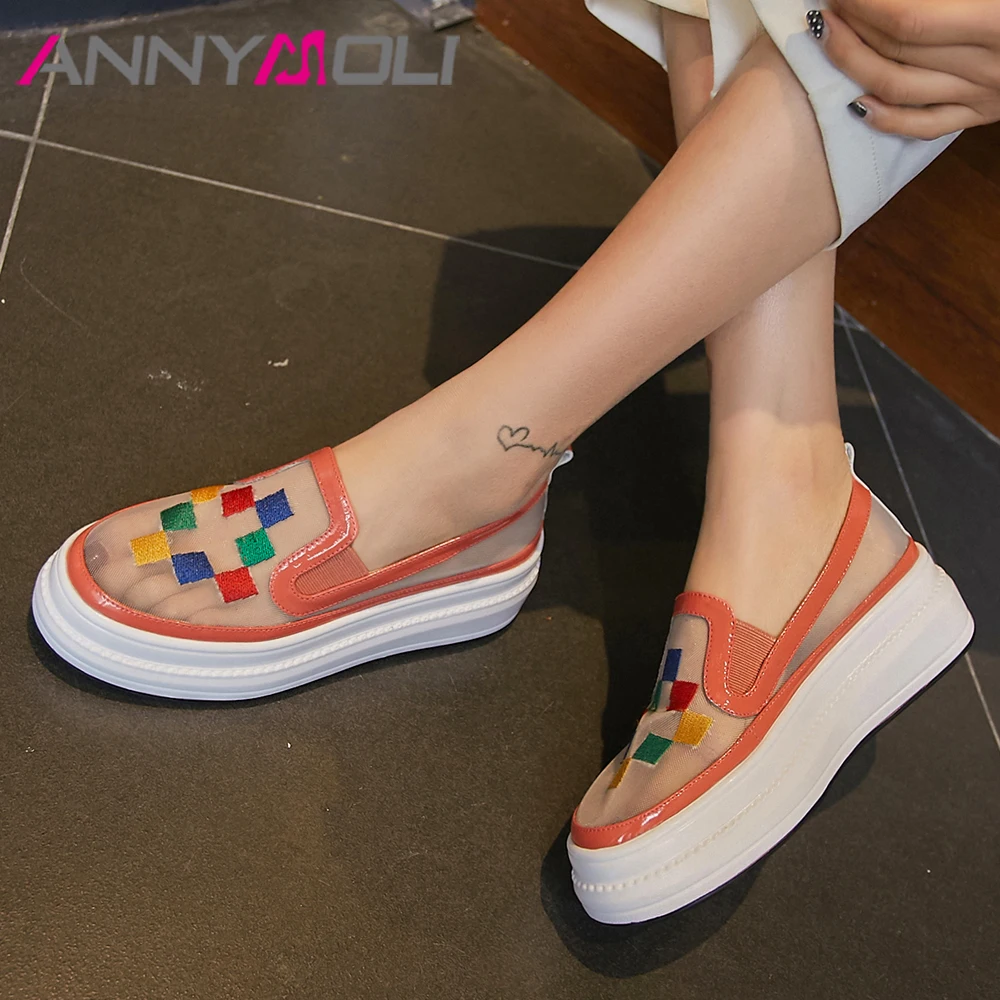 

ANNYMOLI Women Shoes Spring Flats Natural Genuine Leather Mesh Flat Platform Shoes Mixed Colors Round Toe Shoes Lady Size 34-40