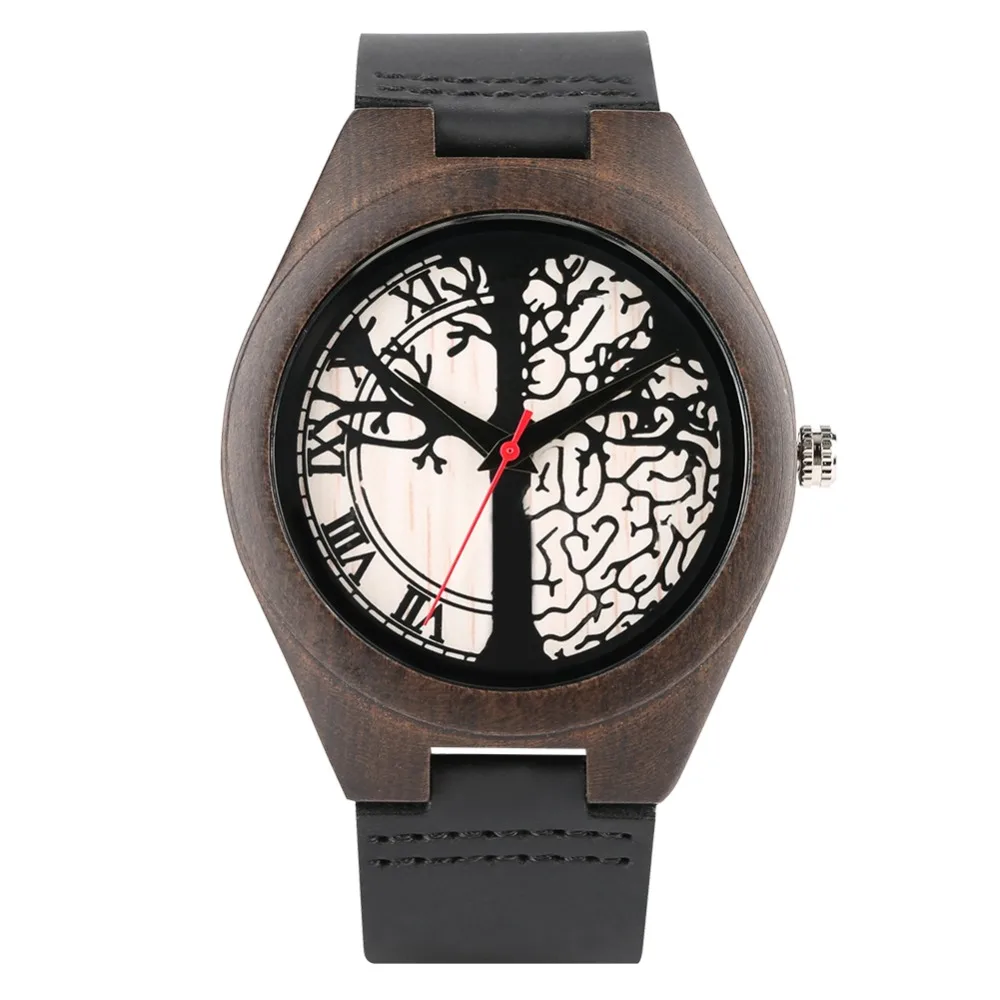 Engraved Tree Pattern Wooden Watch Lover's Watch Leather Strap Brown