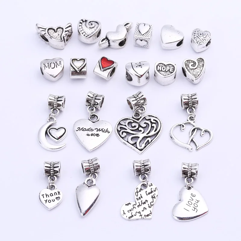 Abalorios antiguos plata con diseño corazón, compatibles abalorios de Pandora, abalorios de corazones mezclados de Metal para hacer pulseras, 20 piezas B8790 - AliExpress