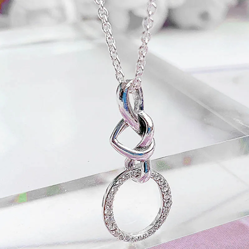 

New 925 Sterling Silver Necklace Knotted Heart With Crystal Adjust Sliding Necklace For Women Wedding Gift Diy Pandora Jewelry